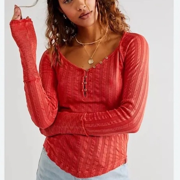 Free People Wild Hearts Henley Long Sleeve Thermal Top Orange Size Extra Small - Picture 1 of 8